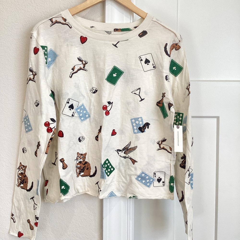 ♠️Anthropologie Caitlyn Long Sleeve Boxy Tee Maeve New Medium Cat Bird Ace Bunny - Picture 3 of 16